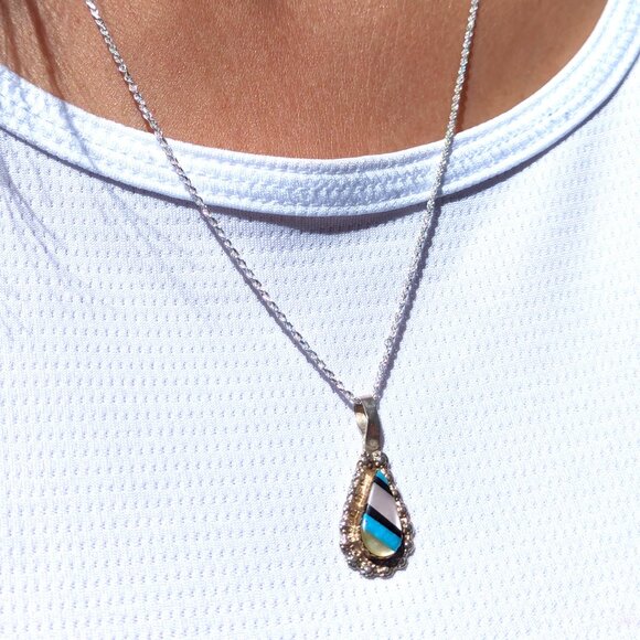 Native American Inlay Pendant Teardrop Sterling Silver Zuni Necklace‎ Jewelry** - Picture 4 of 11